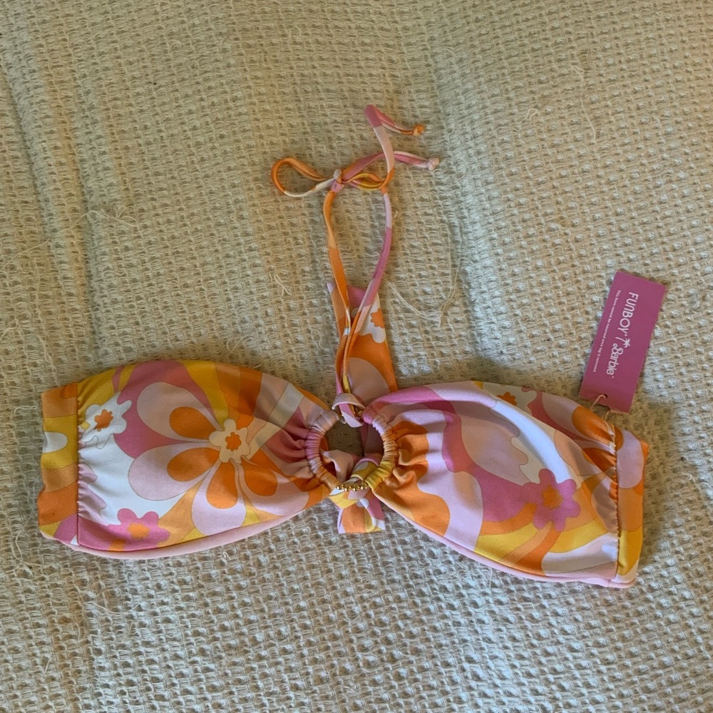 Funboy Barbie Dream Retro Floral Bikini Bandeau Top Pink Orange XL NWT Y2K